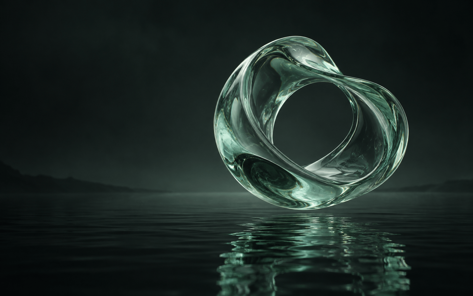 Translucent mint glass sculpture floating above still, dark water
