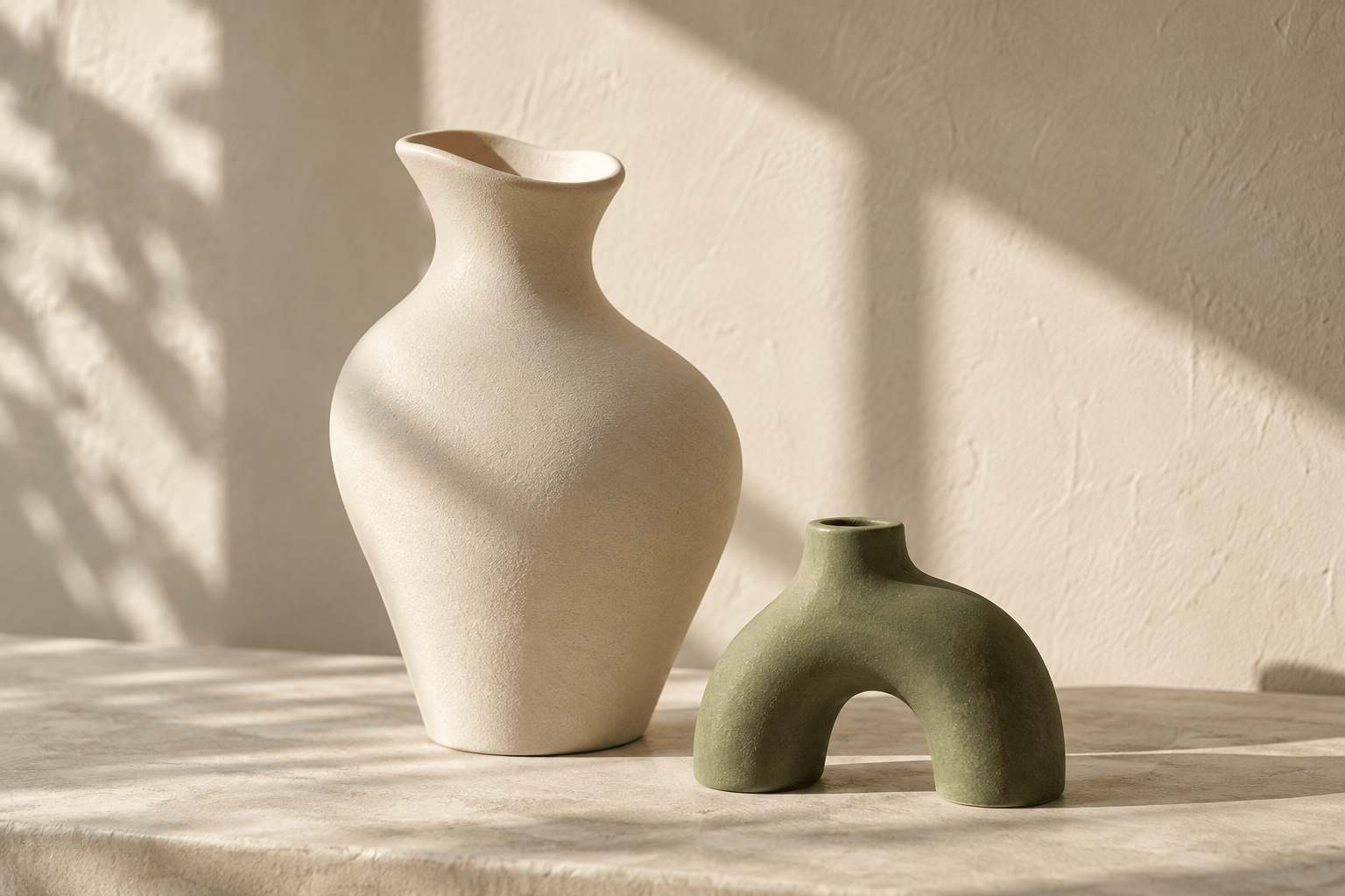 A sculptural cream ceramic vase in soft natural light with a muted green backdrop